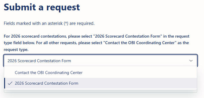 Screenshot showing how to begin a 2026 midyear scorecard contestation. On the “Submit a request” page, open the request type dropdown and select “2026 Scorecard Contestation Form.”